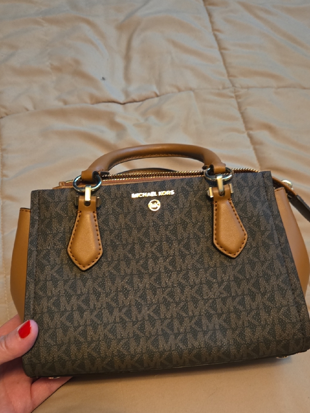 Michael Kors Brown Logo-Print Satchel with Tan Trim